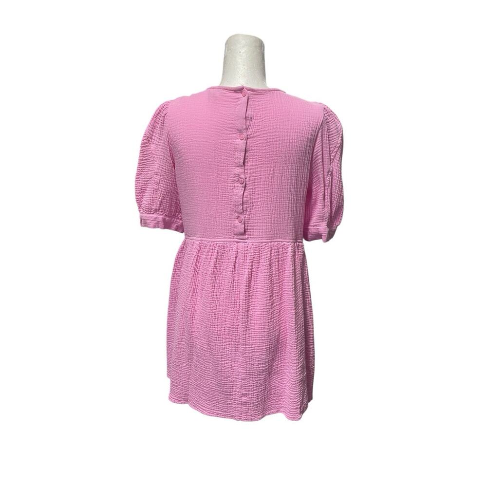 &Merci Pink Puff Sleeve Mini Dress Cotton Blend Babydoll Size Medium - Picture 3 of 5